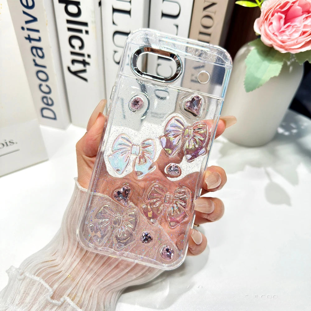 Cute 3D Rose Butterfly Bow Pearl Glitter Transparent Case for Google Pixel 8 9 10 Pro XL 9A 8A Shockproof Epoxy Clear TPU Cover