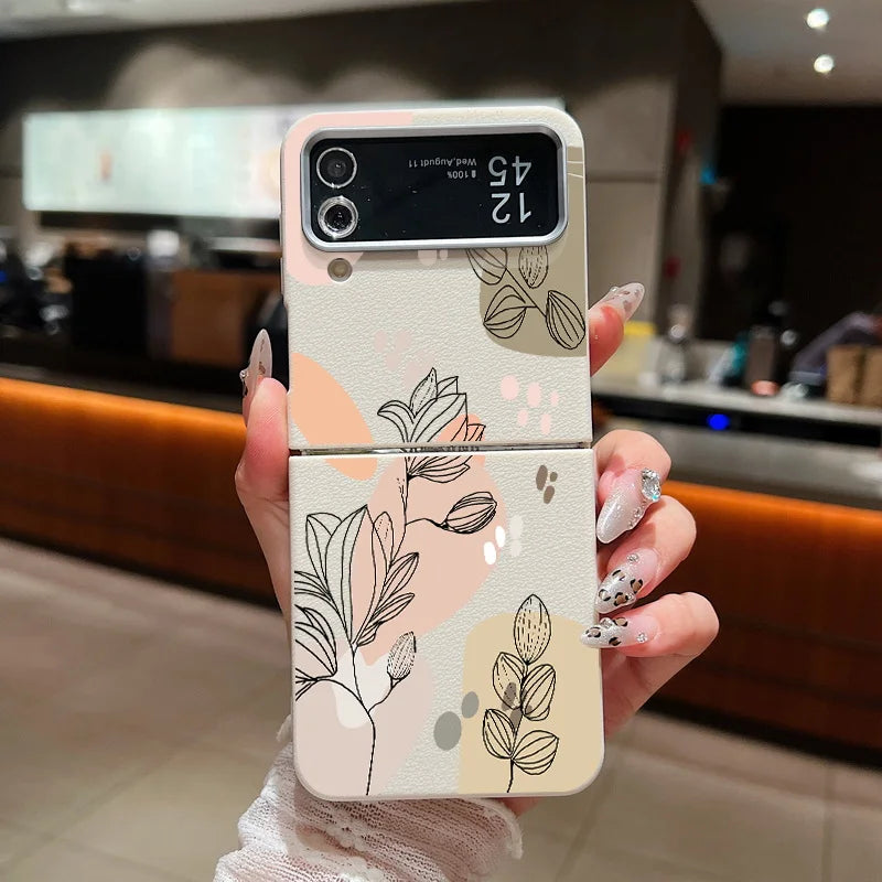 For Samsung Galaxy Z Flip 5 6 4 3 5G Luxury Leather Phone Case Flowers Pattern Soft TPU Folding Cover For Samsung Z Flip4 Flip5