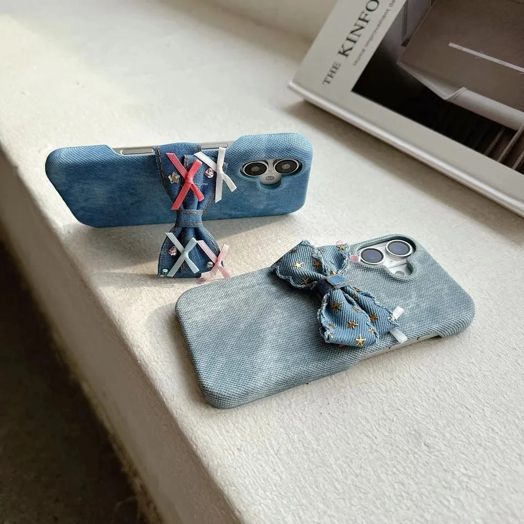 Sweet Bow Denim Stand Case Hard Back Cover for Google Pixel 7 7A 8 8A 9 9A 9 Pro XL10 10Pro with Adorable Bow Kickstand, Bracket