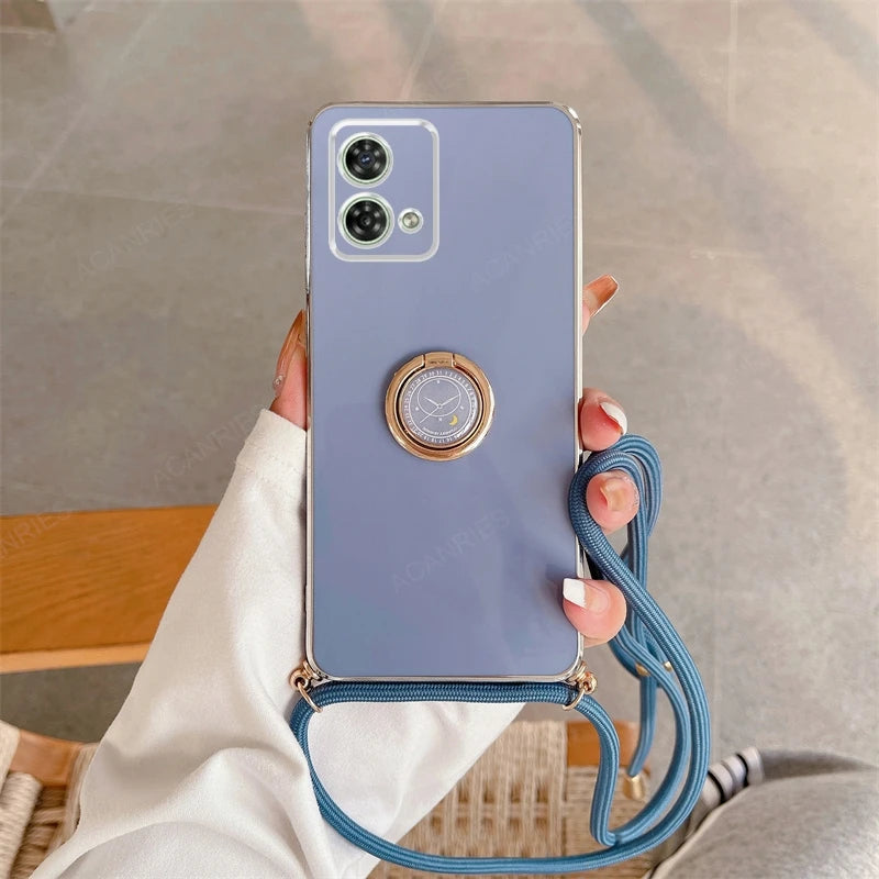 G 84 54 Luxury Plating Crossbody Lanyard Case For Motorola Moto G54 G84 5G Ring Holder Back Cover