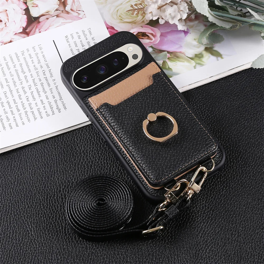 Crossbody Strap Lanyard Wallet Case with Card Slots Ring Holder Kickstand For Google Pixel 9a 8 9 Pro XL 8a 7a PU Leather Cover