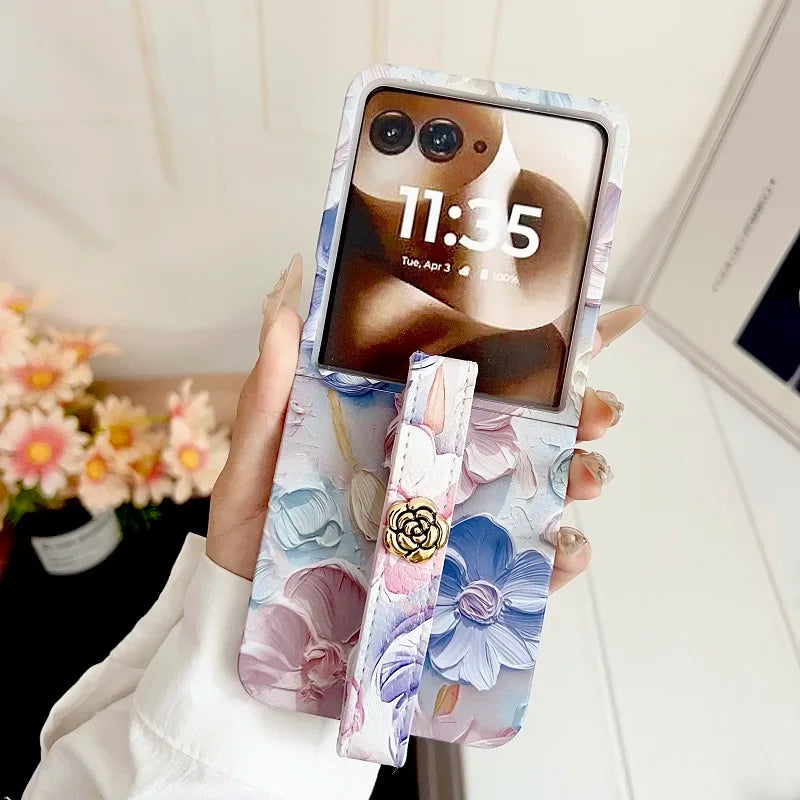 Embossed Watercolor Flower Phone Case For Motorola Razr 60 50 Ultra MOTO RAZR 60Ultra Aesthetic Camellia Wristband Back Cover