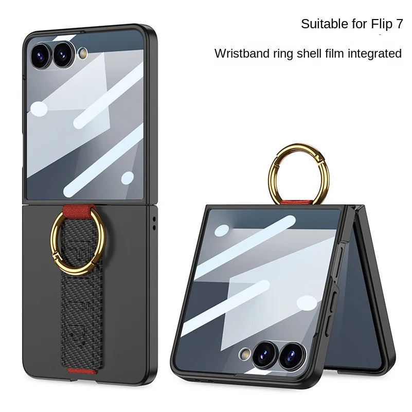 Wrist Strap with Metal Ring Glass Protector All-inclusive Phone Case for Samsung Galaxy Z Flip 7 flip7 Camera Protect Cover