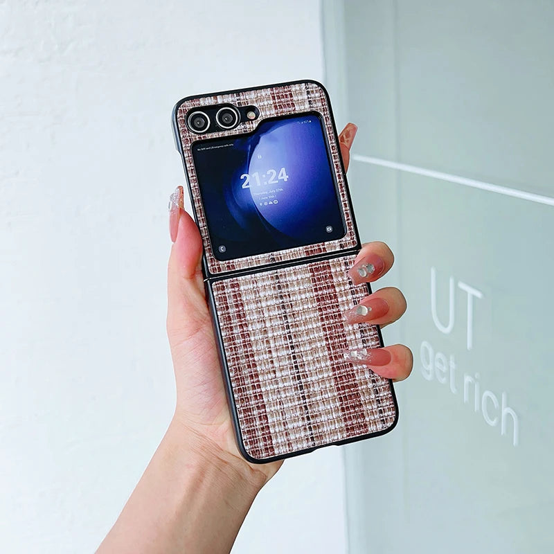 Retro Woven Pattern Phone Case For Samsung Galaxy Z Flip 6 5 4 3 Hard Plastic Folding Cover For Samsung Z Flip6 Flip5 Flip4 Bag