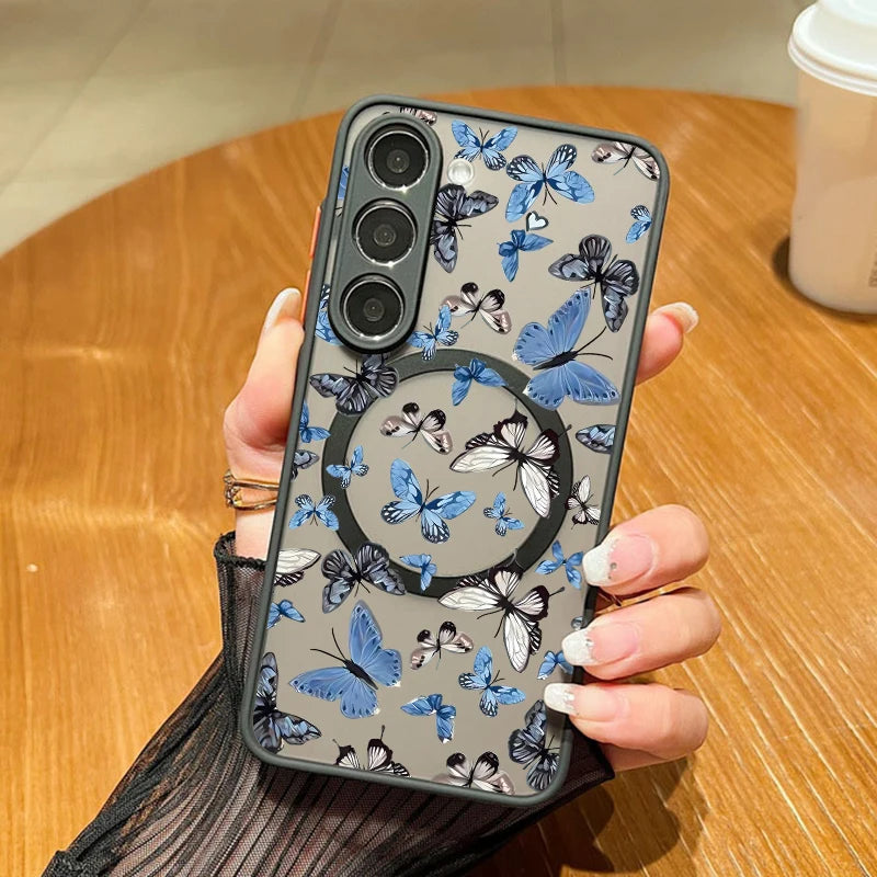 Flowers Print Phone Case For Samsung Galaxy A56 A36 A26 A16 A55 A15 S25 Edge S24 Plus S23 S22 Ultra S24 S23 FE Magnetic Cover