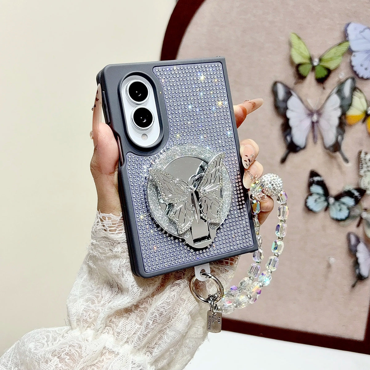 Full Diamond Butterfly Mirror Stand Phone Case for Samsung Galaxy Z Fold8 Fold 8 Wide Shockproof Fashion Strap Slim Fit Cover