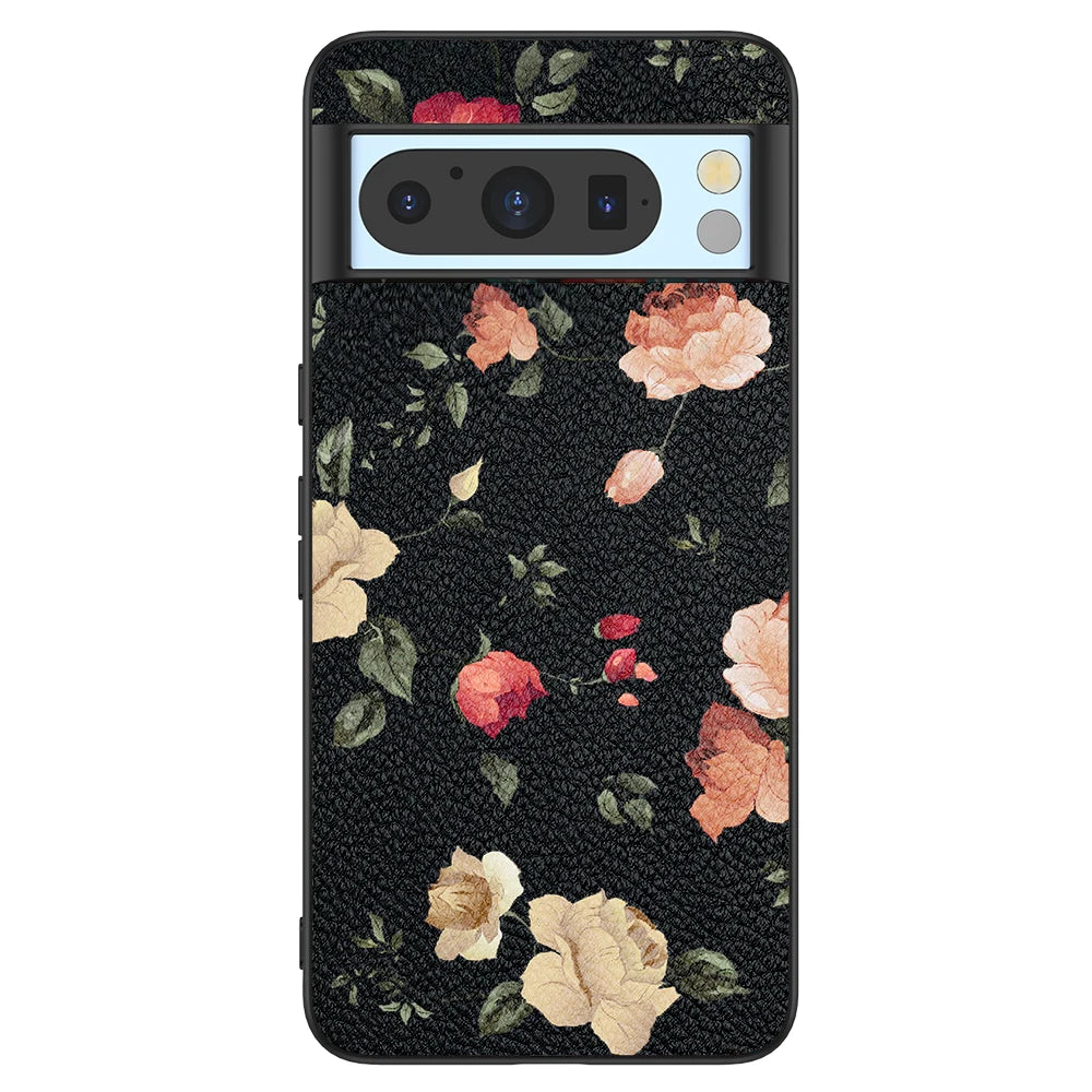 Back Cover Leather Case for Google Pixel 4 XL 4A 5 5A 5G 6 Pro 6A 7 Pro 7A 8 Pro 8A High Quality with Black Flower Pattern Print