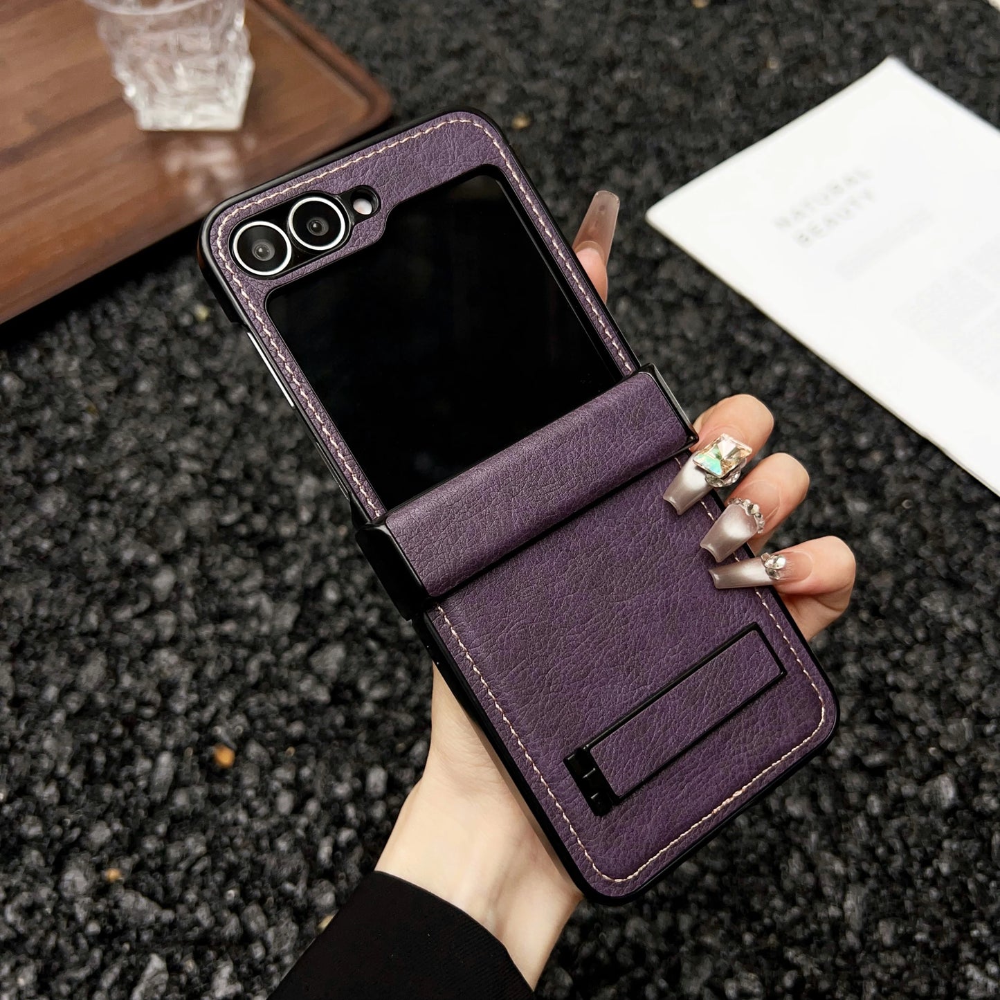 Korean Luxury Litchi Leather Bracket Case For Samsung Galaxy Z Flip 6 5 4 Hinge Central Axis Protection Solid Color Stand Cover
