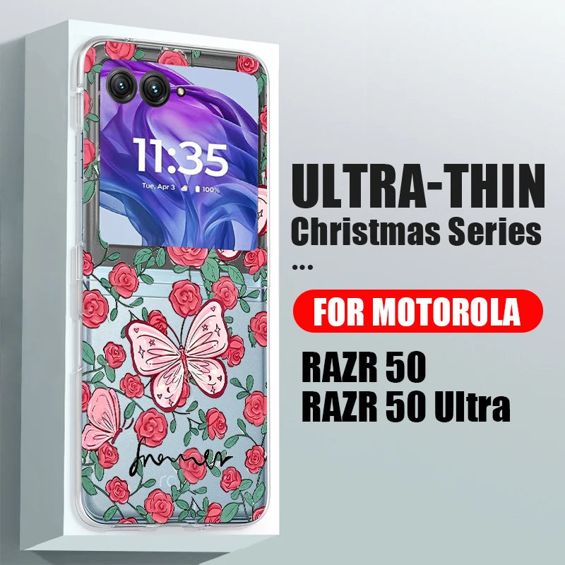 Flowers Bowknot Clear Phone Case For Motorola Razr 50 40 Ultra Razr40 Razr50 Shockproof Bumper Transparent Folding Hard PC Cover