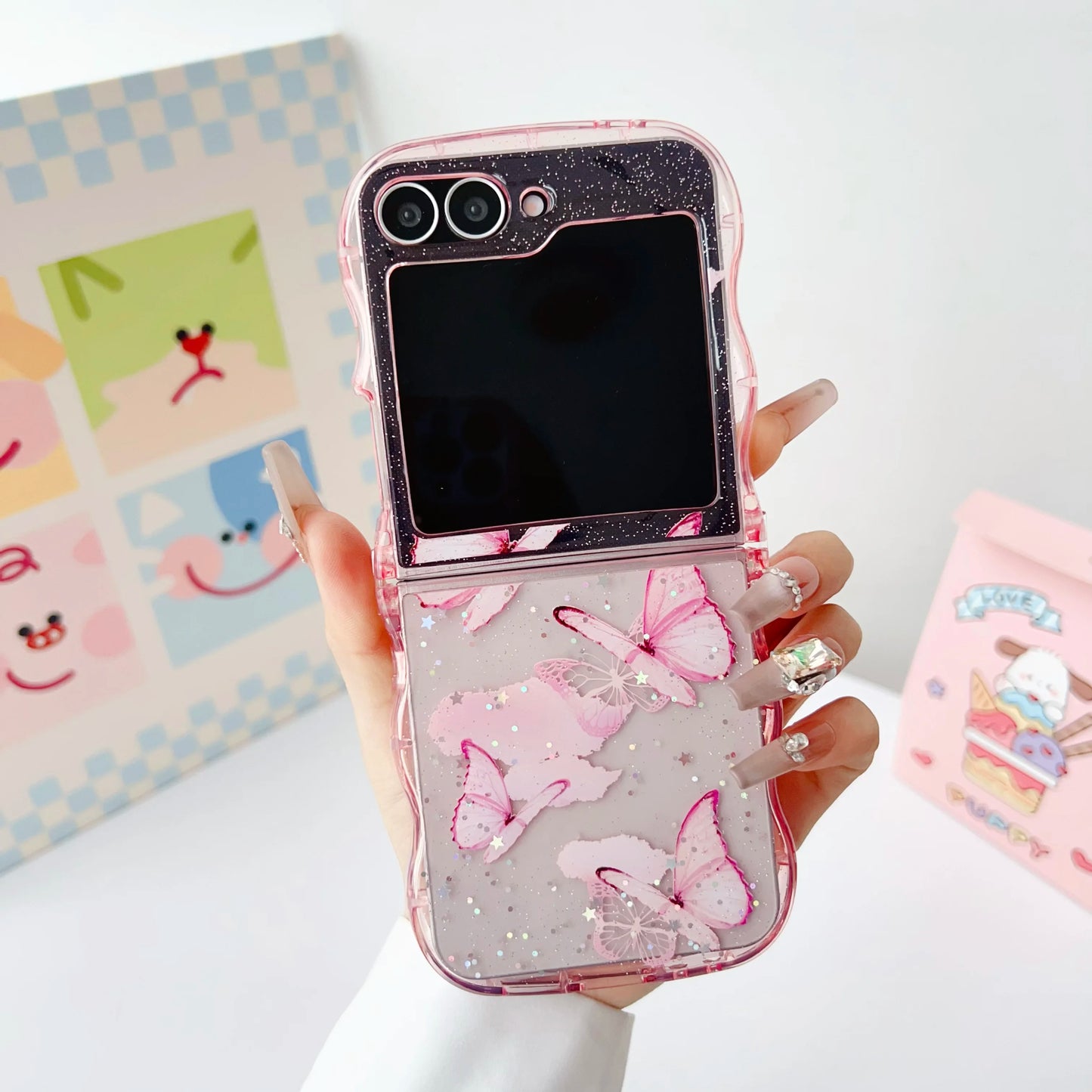 Butterfly Glitter Transparent Wavy Edge Silicone Case For Samsung Galaxy Z Flip 6 5 4 3 Sparkling Sequins Shockproof Phone Cover