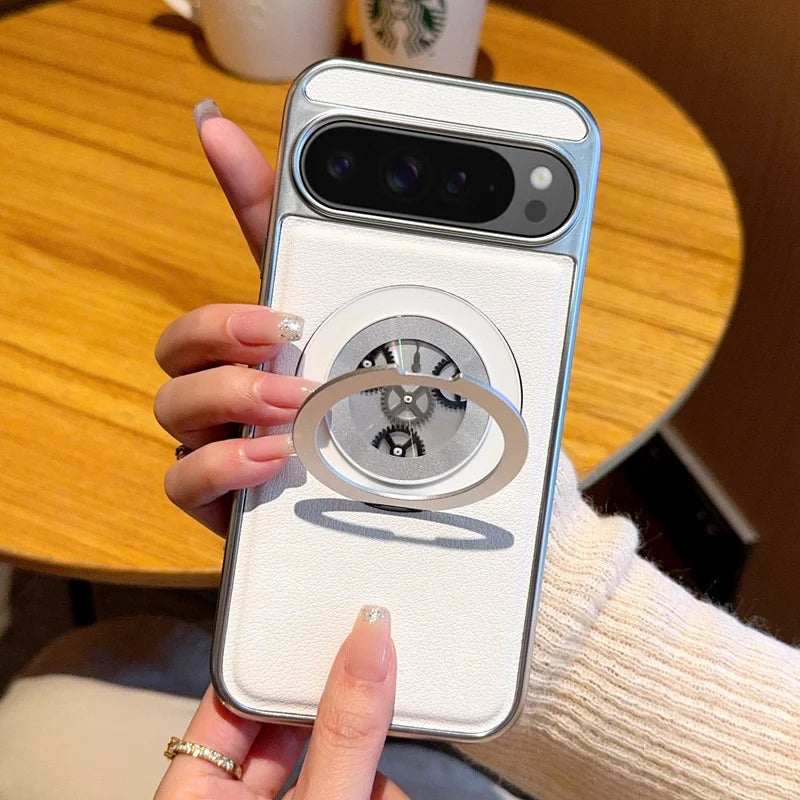 For Google Pixel 8 9 10 Pro XL 9A Magnetic rotatable  Kickstand Gear relieve stress Hybrid TPU+PC PU Leather Luxury Back Case