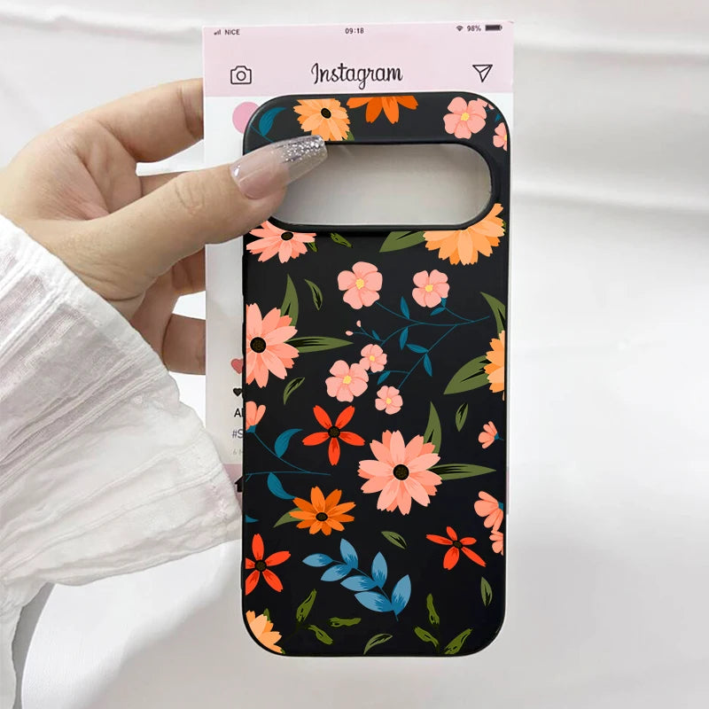 Luxury Flower Leaf Pattern Phone Case For Google Pixel 10 9 Pro XL 8A 8 Pro 7 6A 5G INS Cute Floral Black Soft Silicone Cover