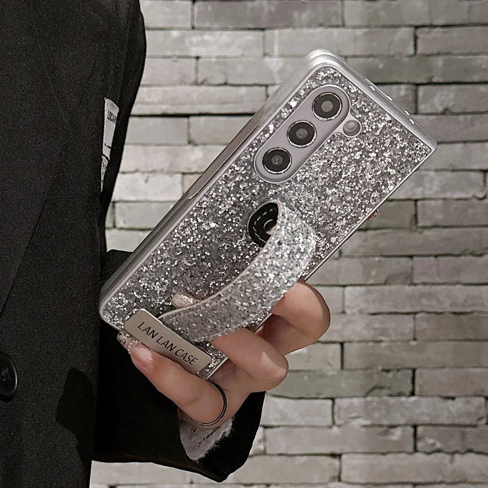 Wristband Case For Samsung Galaxy Z Fold 6 Luxury Full Glitter Cover Funda For Samsung Z Fold 7 5 Fold4 3 Bracket Shining Shell