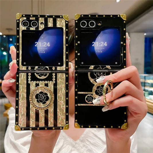 Luxury Gold Plating Flower Case For Samsung Galaxy Z Flip 6 Ring Holder Bracket Cover For Galaxy Z Flip 6