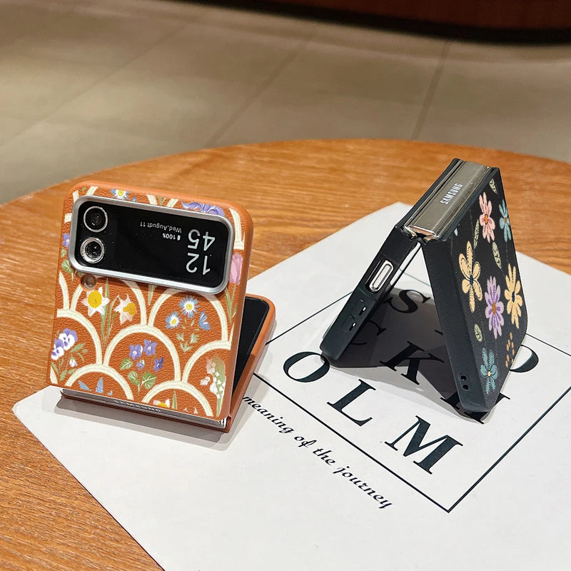 For Samsung Galaxy Z Flip 5 6 3 4 5G Cartoon Flowers Soft Case Leather Texture TPU Folding Phone Cover For Samsung Z Flip5 Flip4