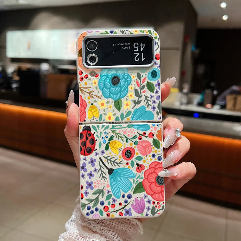 Romantic Garden Flower Case For Samsung Z Flip4 Flip5 Flip6 5G Leather Texture TPU Folding Cover For Samsung Galaxy Z Flip 3 4 5