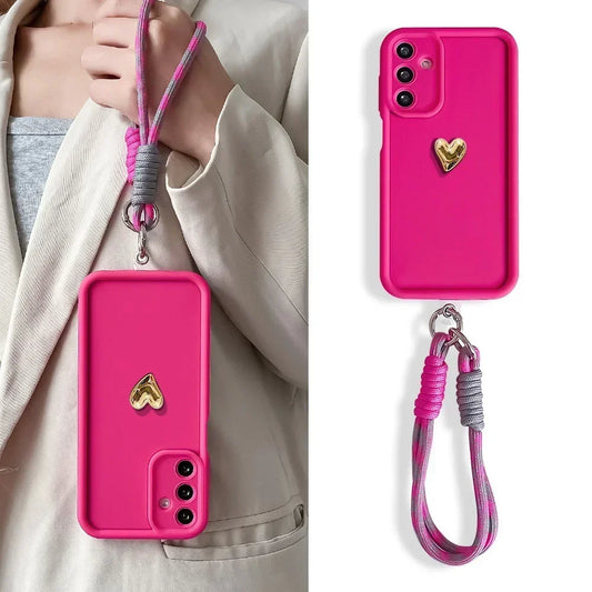 3D Gold Love Heart Lanyard Case for Samsung S25 Plus Ultra S24 FE A16 06 26 36 56 M13 M35 M55 M32 Wrist Chain Strap Phone Cover
