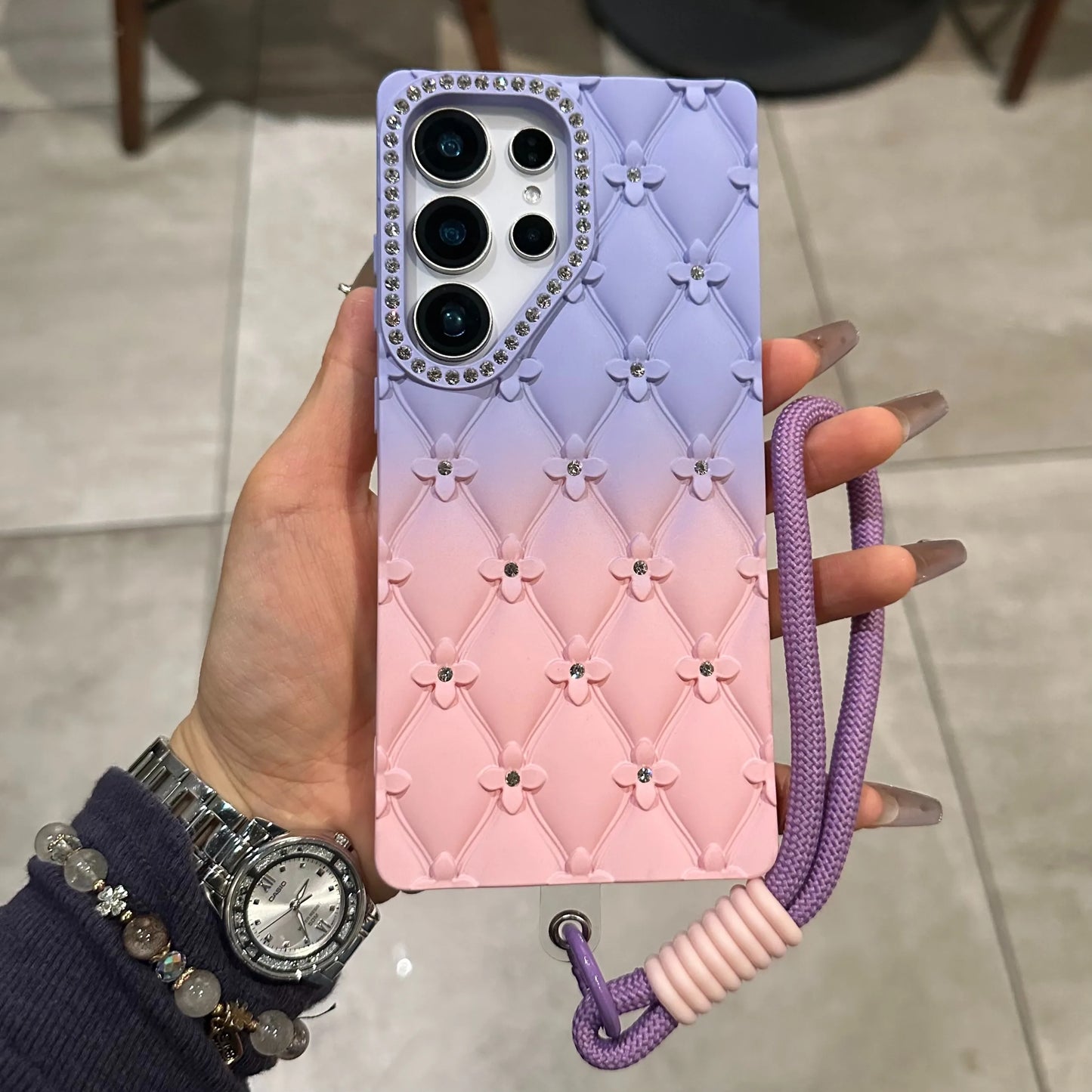 Luxury Glitter Diamond 6D Flowers S25 Edge Gradient Case For Samsung Galxy S25 S24 S23 Ultra Plus FE A26 A16 Wrist Strap Cover
