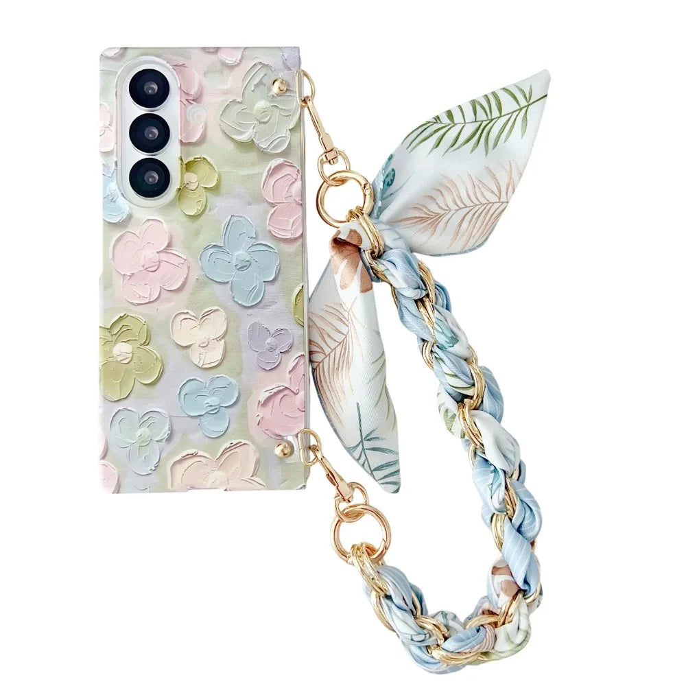 Classic Stylish Silk Wrist Strap Floating Flower Hard Phone Case for Samsung Galaxy Z Fold 7 5G 2025 Dopamine Protective Cover