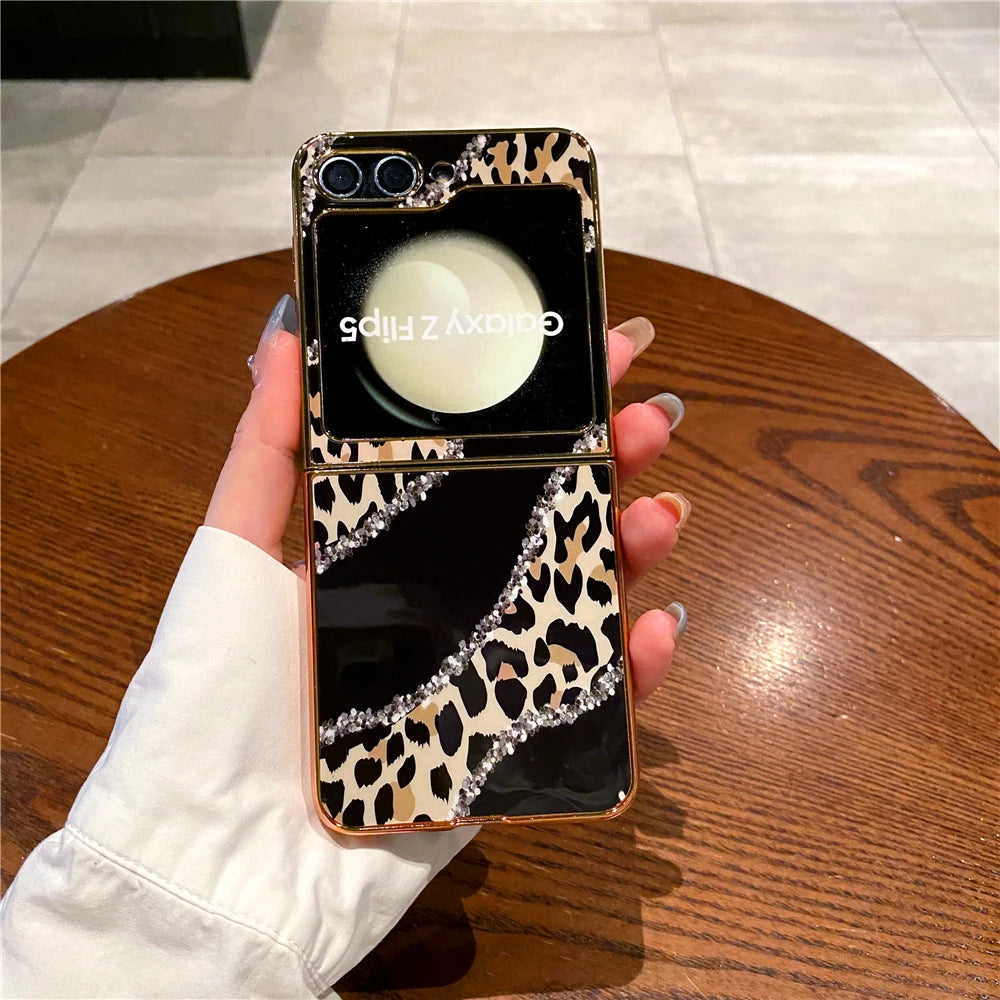 Luxury Gold Plating Cover Fashion Women Sexy Glitter Leopard Pattern Phone Case for Samsung Galaxy Z Flip 7 Flip 6 Z Flip 5 3 4