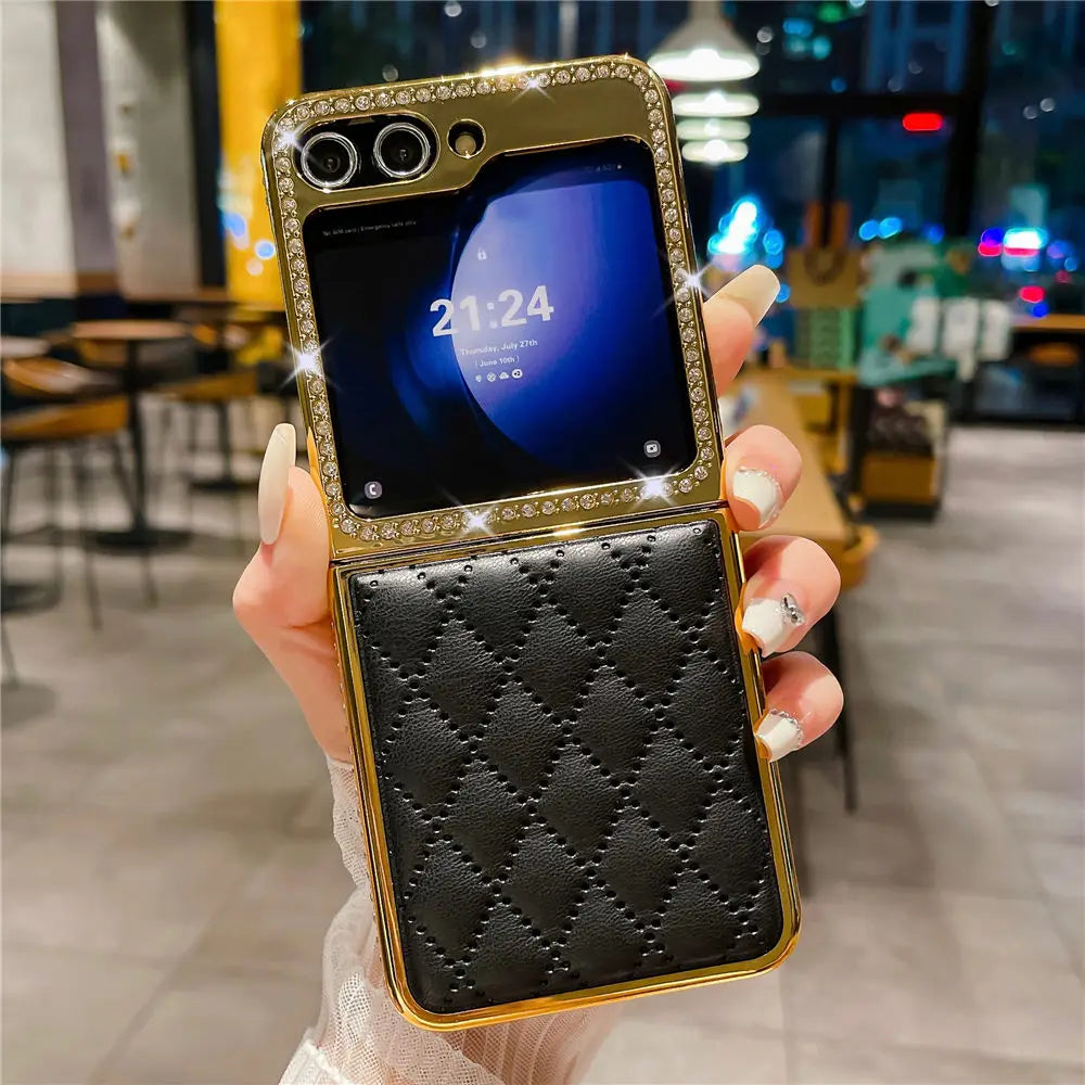 Luxury Bling Diamond Leather Plating Case For Samsung Galaxy Z Flip 6 Flip 5 Flip 3 4 Shockproof Cover Funda