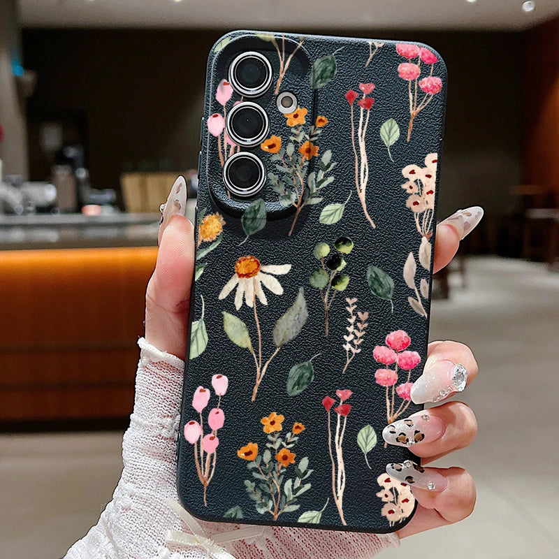 Small Flowers Leather Texture TPU Case For Samsung Galaxy A16 A55 A15 A54 A35 A25 A56 5G S24 FE S25 S23 S22 Ultra Phone Cover