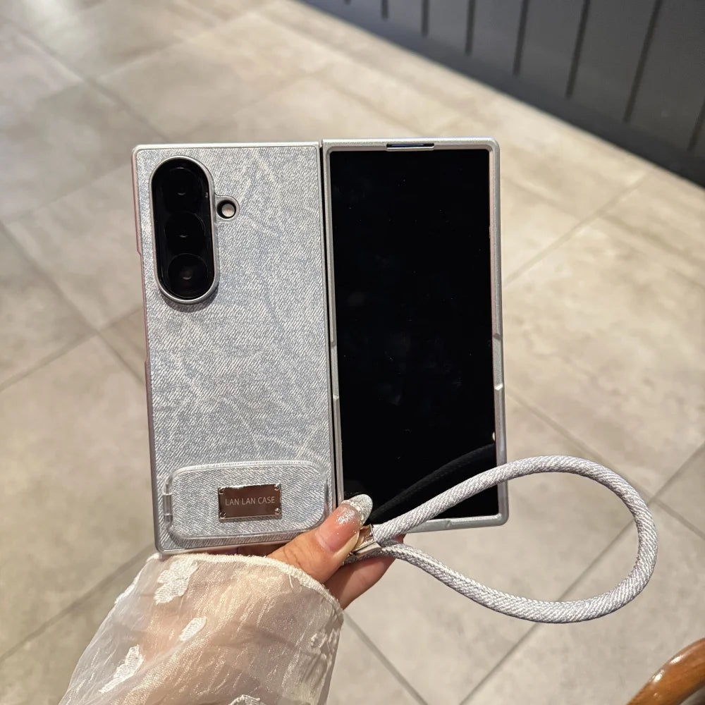 With Bracket Lanyard Phone Case For Samsung Galaxy Z Fold 7 6 5 4 3 Silver Luxury Leather Brief Shockproof Cover For Fold7 6