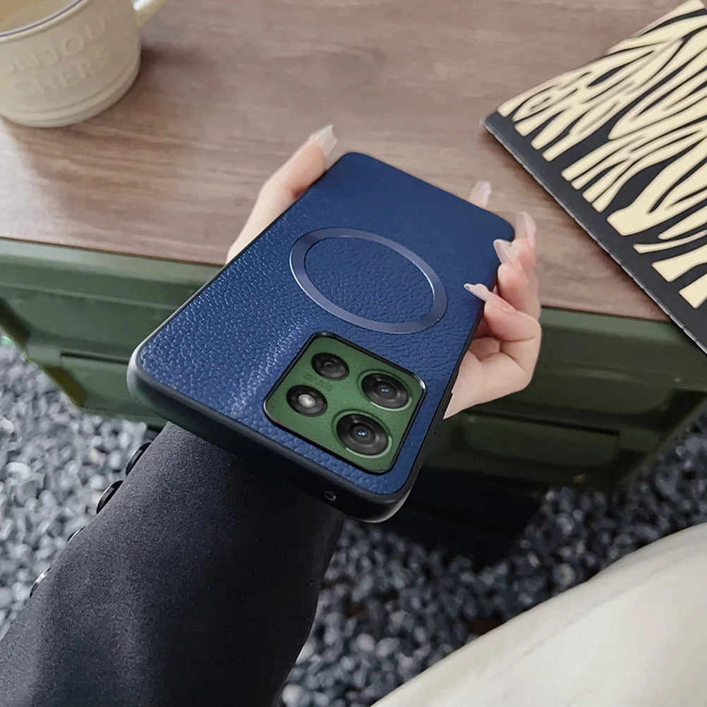 With Magsafe Magnetic Plain Leather Lychee Case For Moto G 2025 G Power 2025 G15 Power G05 G55 G35 G45 E15 Camera protect Cover