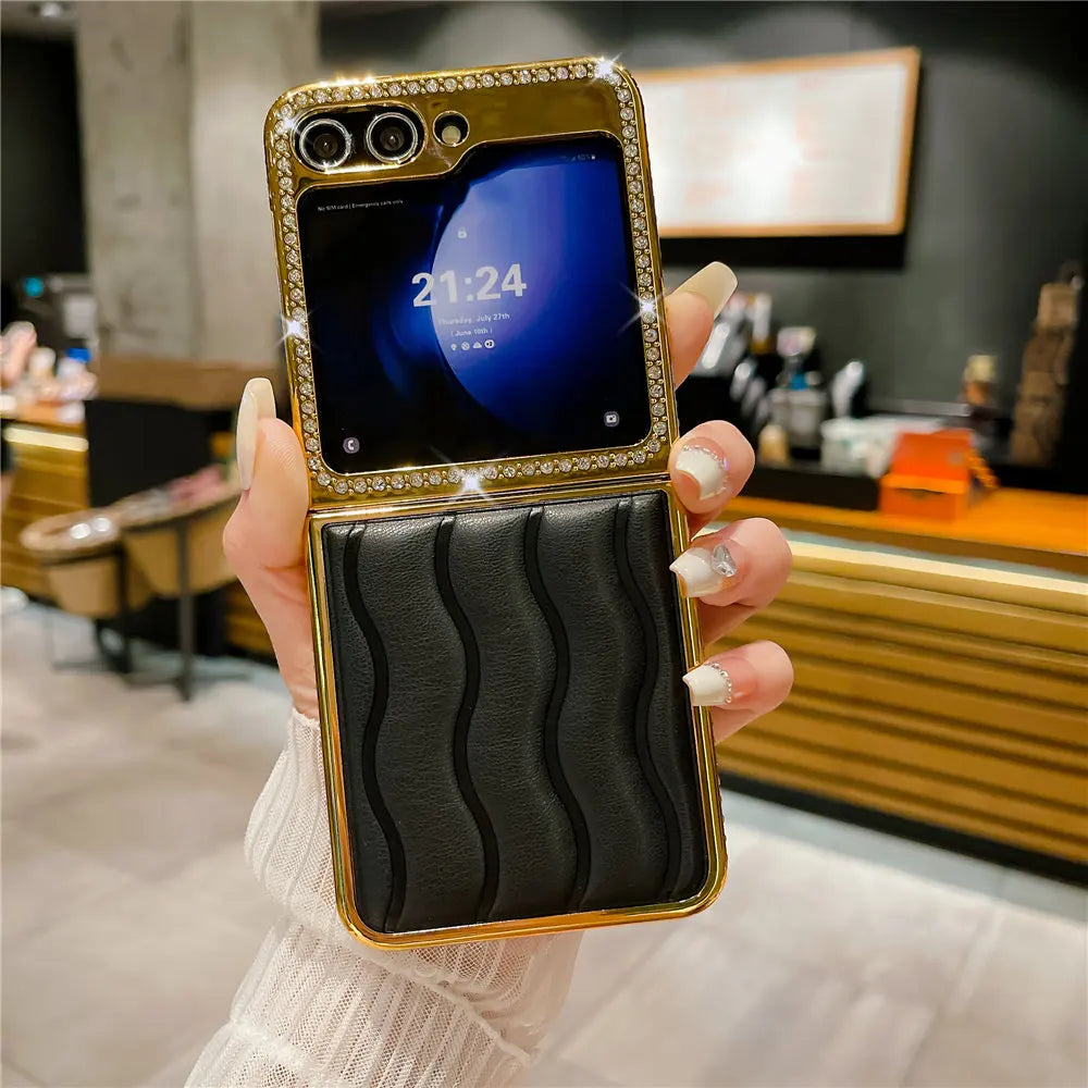 Luxury Bling Diamond Leather Plating Case For Samsung Galaxy Z Flip 6 Flip 5 Flip 3 4 Shockproof Cover Funda