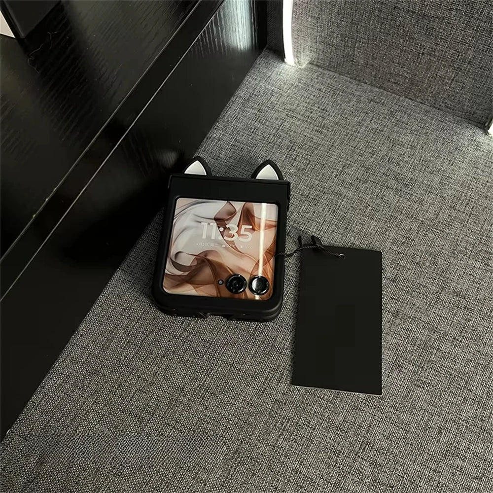 Japan Korean Cute 3D Cat Ears Phone Case For Motorola Razr 50 50ultra Razr40 Ultra Back Cover For Samsung Galaxy Z Flip 6/5/4/3