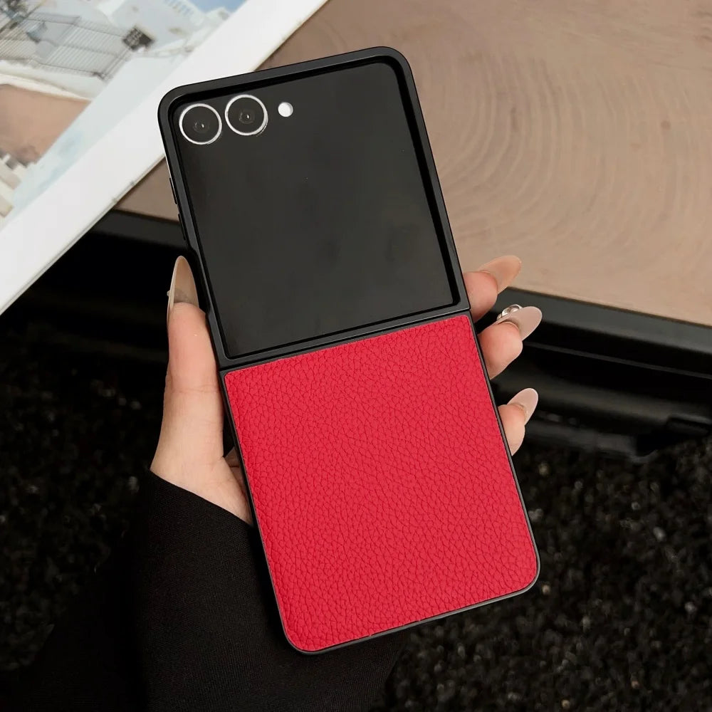 Luxury Lychee Pattern Leather Phone Case For Samsung Galaxy Z Flip 7 6 5 4 3 5G Shockproof Soft Cover For ZFlip6 Flip5 Flip4