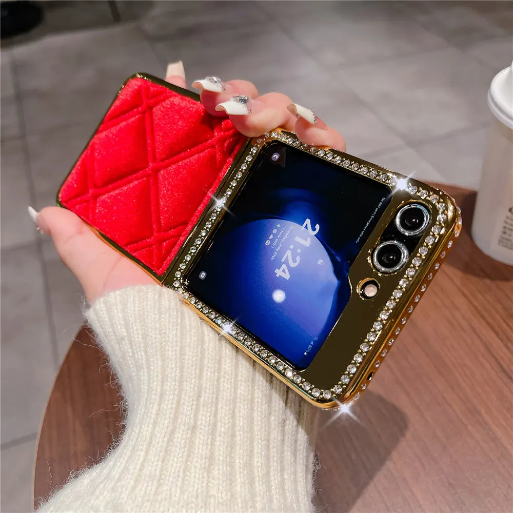 Luxury Bling Diamond Leather Plating Case For Samsung Galaxy Z Flip 6 Flip 5 Flip 3 4 Shockproof Cover Funda