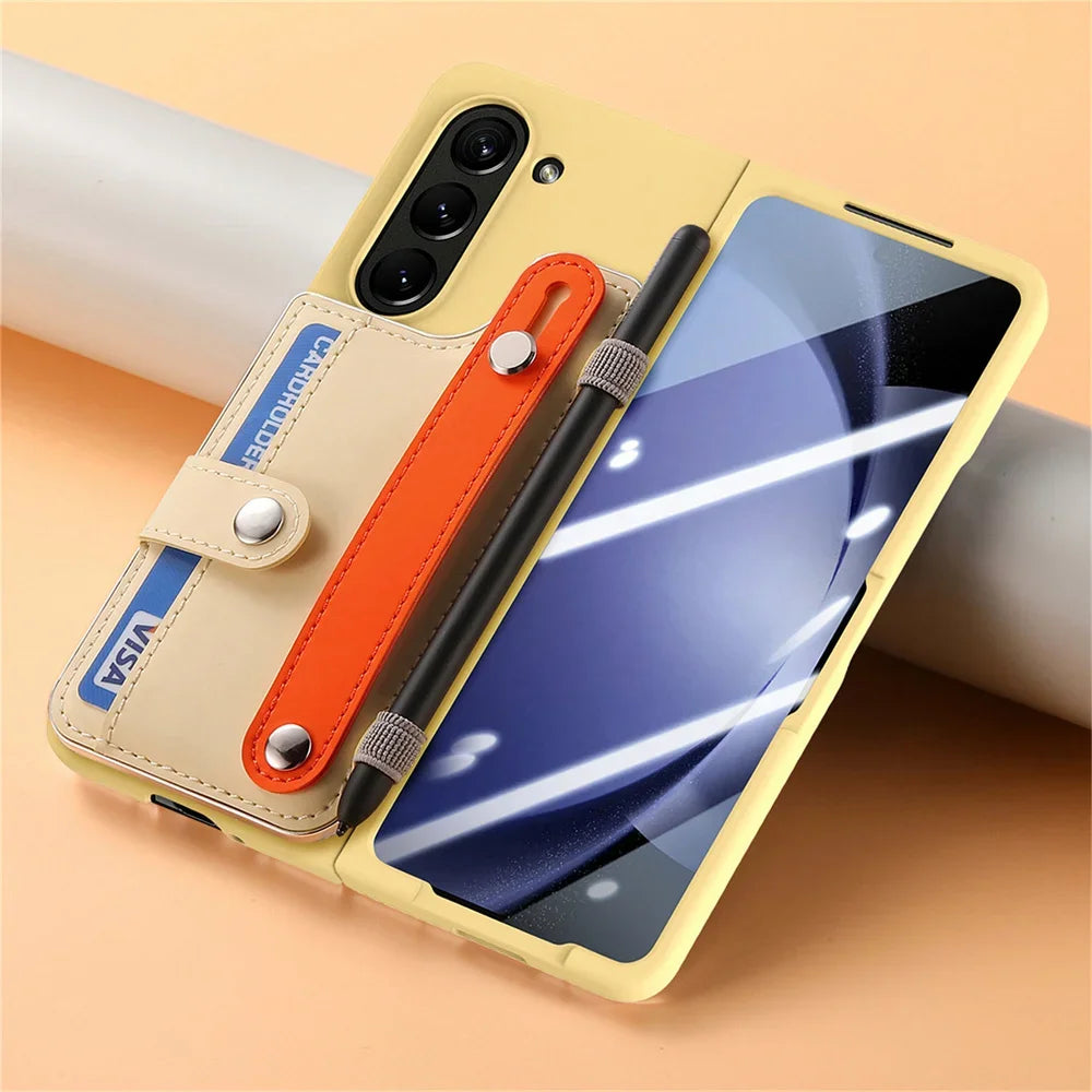 For Samsung Galaxy Z Fold 6 5 Fold6 Fold5 5G Card Slot Wallet Case with Pen Holder & Screen Protector Wrist Strap Cover(NO Pen)