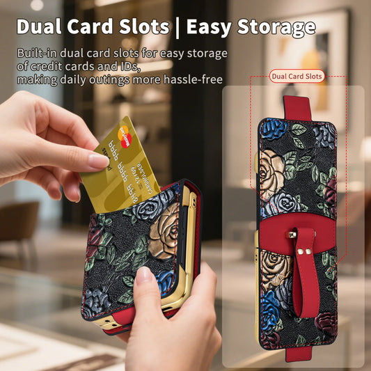 3D Relief Painting Design PU Leather Phone Case for Galaxy Z Flip 7/6/5/4/3 with Card Slots And Wrist Strap&Screen Protector