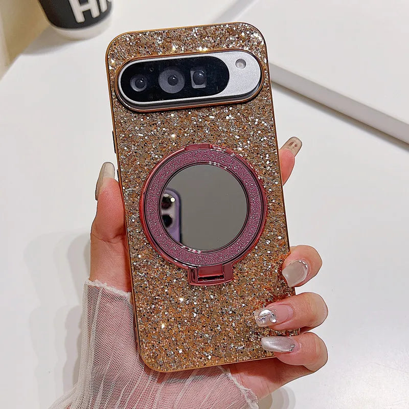 Bling Mirror Magnetic Metal Bracket Case For Google Pixel 9 10 Pro XL 8A 8Pro 7A 6 7 Pro Wireless Charging Glitter Sequins Cover
