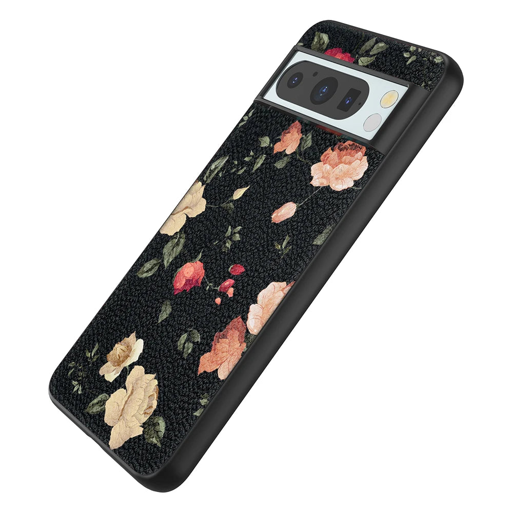 Back Cover Leather Case for Google Pixel 4 XL 4A 5 5A 5G 6 Pro 6A 7 Pro 7A 8 Pro 8A High Quality with Black Flower Pattern Print