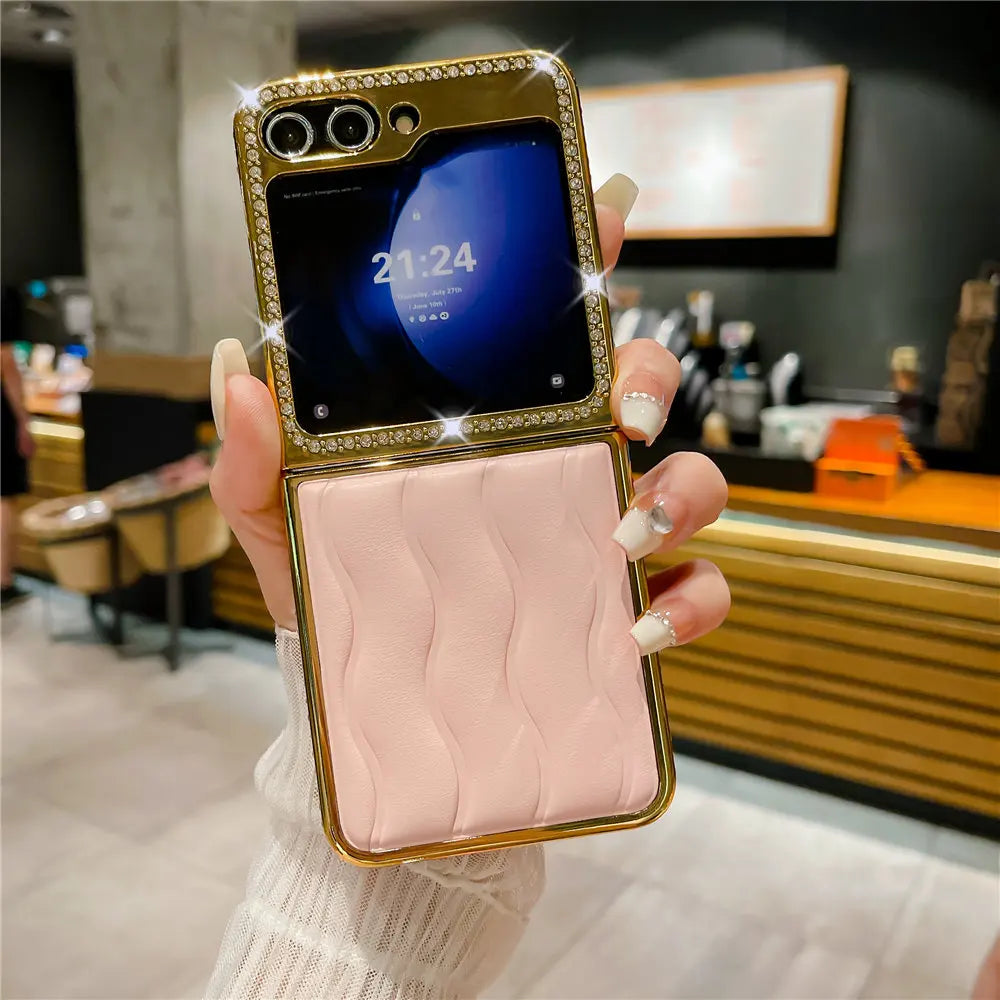 Luxury Bling Diamond Leather Plating Case For Samsung Galaxy Z Flip 6 Flip 5 Flip 3 4 Shockproof Cover Funda