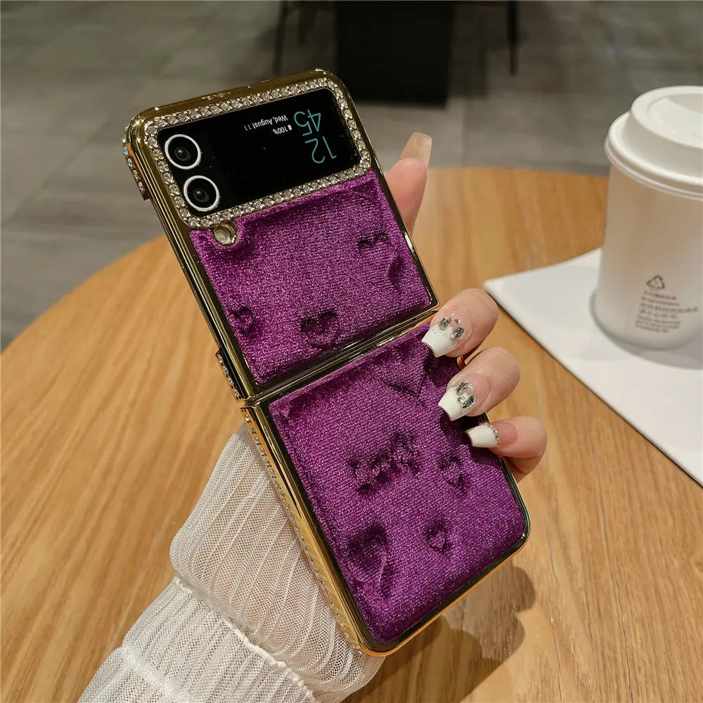 Luxury Bling Diamond Leather Plating Case For Samsung Galaxy Z Flip 6 Flip 5 Flip 3 4 Shockproof Cover Funda