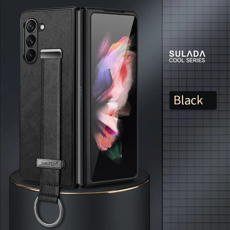Finger Hand Grip Band Belt Strap Case For Samsung Galaxy Z Fold6 Fold5 Fold4 Fold 6 5 4 Business PU Leather Protector Shell
