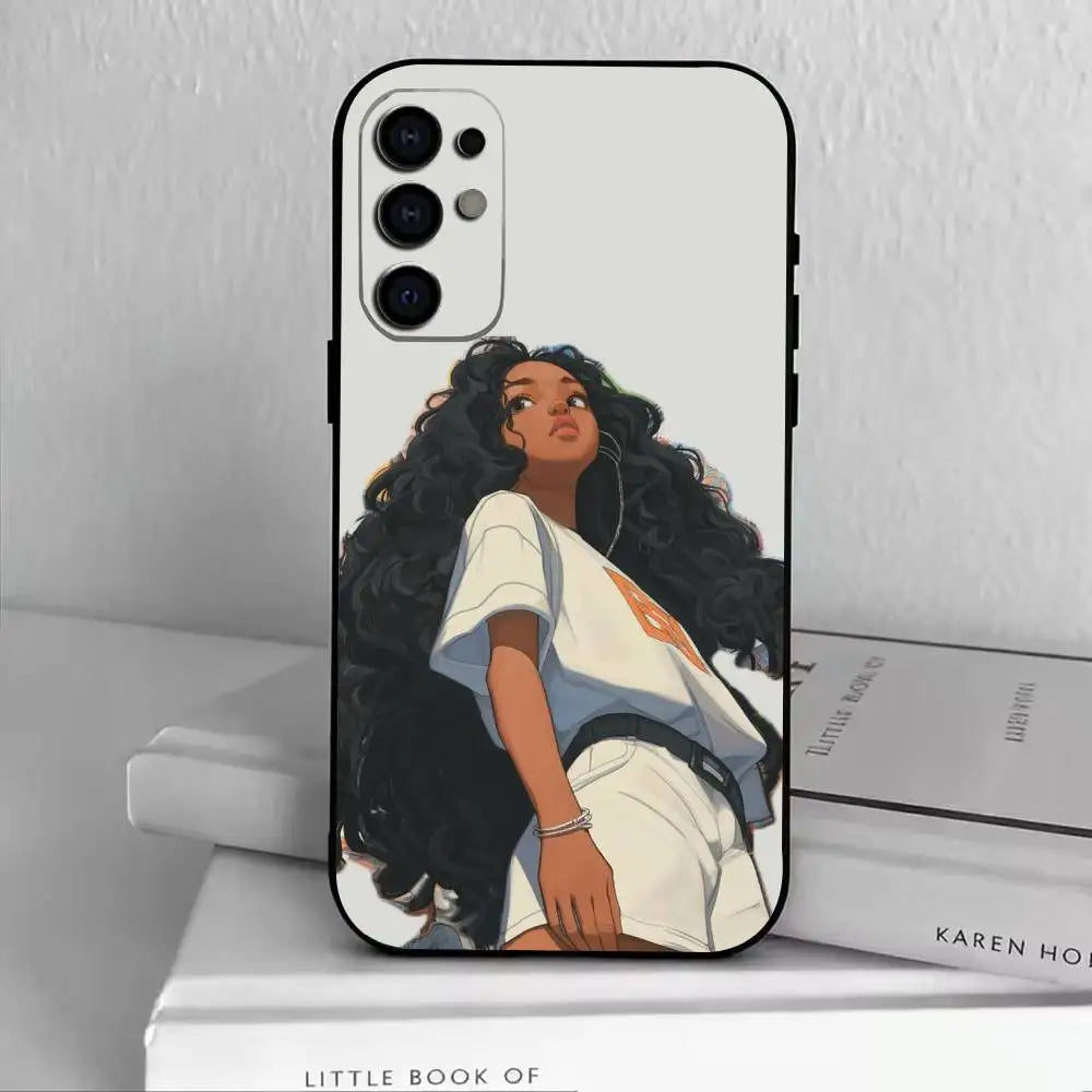 cartoon Black Girl A-Afro Phone Case Black Silicone Soft For Samsung S25,S24,S21,S22,S23,S30,Ultra,S20,Plus,Fe,Lite