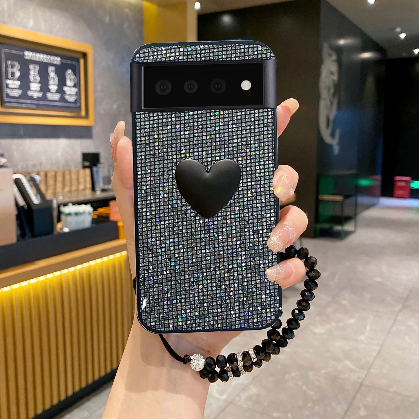 Fashion Love Heart Holder Hand Wrist Lanyard Glitter Leather Phone Case For Google 6 7 8 9 10 Pro XL 9A 8A 7A 6A Shiny Cover