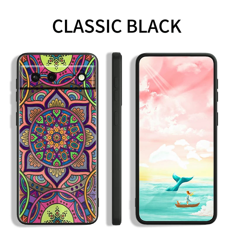 Mandala Flowers Beautiful Art For Google Pixel 9 8 7A 7 6A 6 5A 5 4 4A XL 5G Black Silicon Shockproof Shell Back Phone Case