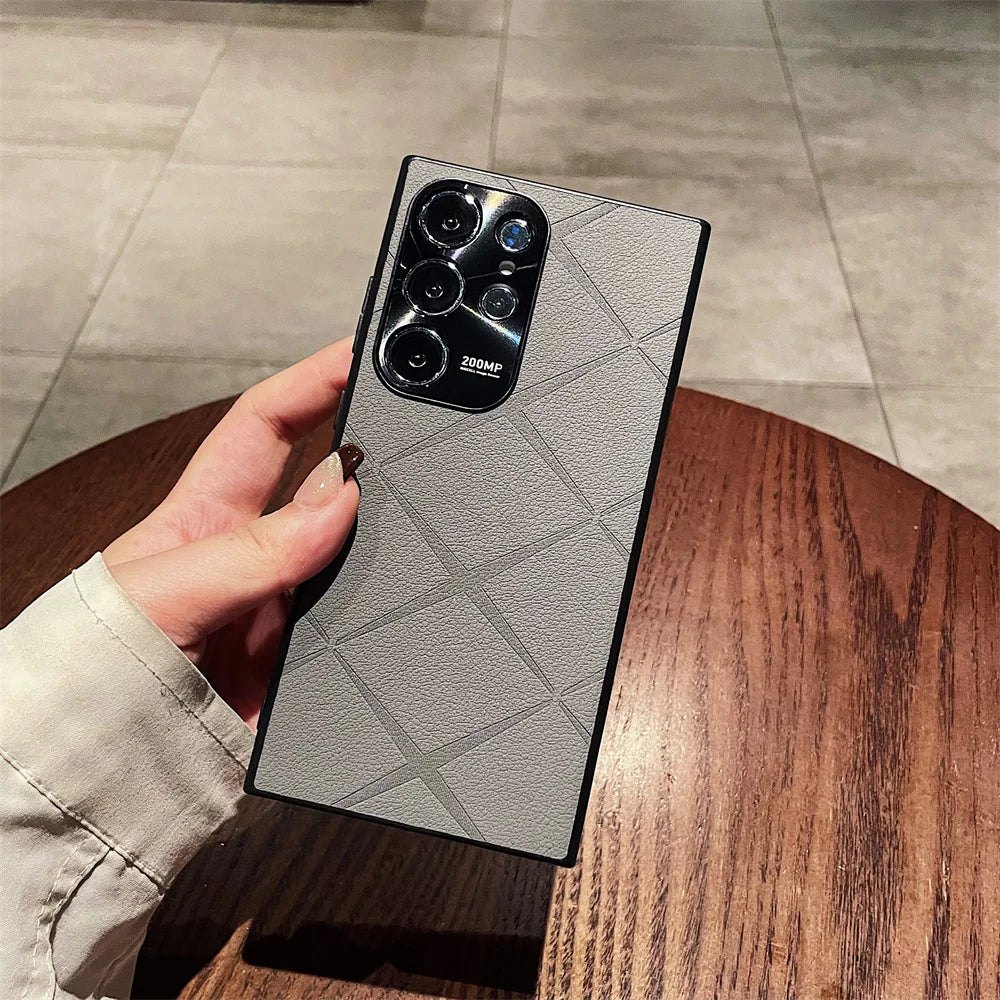 Luxury Plain Leather Diamond Grid Pattern Case For Samsung S25 Plus S24 S23 Ultra S22 Plating Alloy Camera Lens Protection Cover