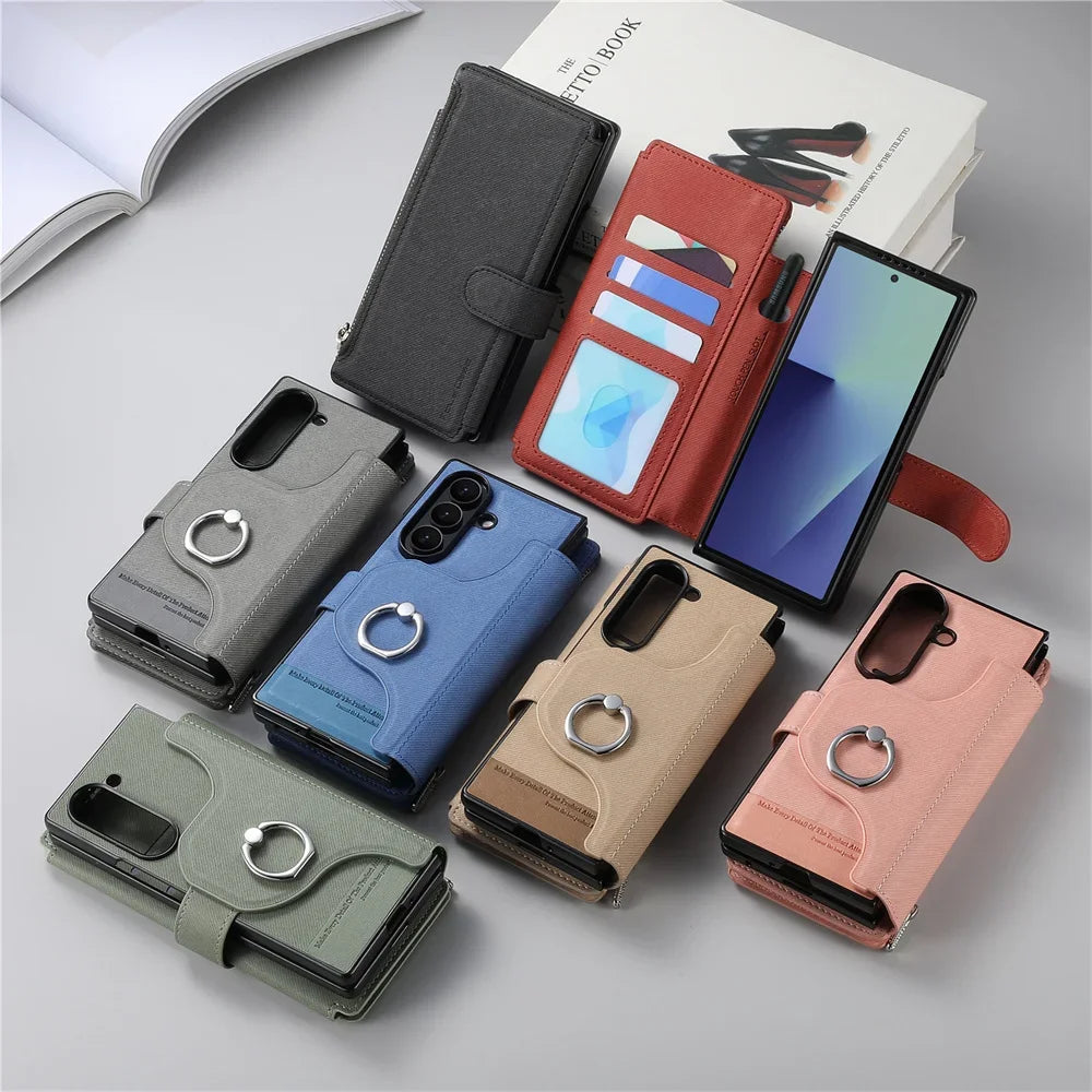 2 in 1 Detachable Magnetic Phone Case for Samsung Galaxy Z Fold 7 6 5 4 Fold7 Fold6 Ring Zipper Wallet Leather Protective Cover