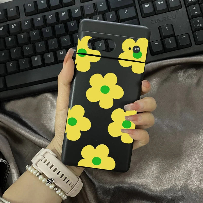 INS Cute Pink Daisy Flower Phone Case For Google Pixel 8 Pro 8A 9 Pro XL 10 7 6A 5G Fashion Floral Black Soft Silicone Cover Bag