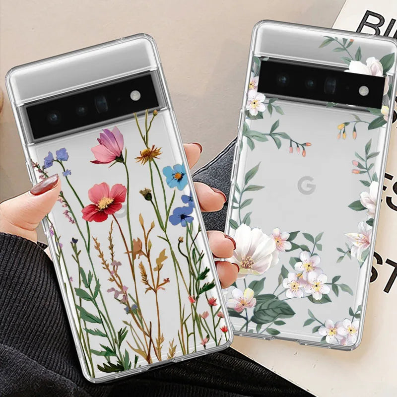 Beautiful Flowers Phone Case For Google Pixel 8A 9 Pro XL 8 Pro 10 7 6A 5G Luxury Floral Pattern Transparent Soft TPU Cover Capa