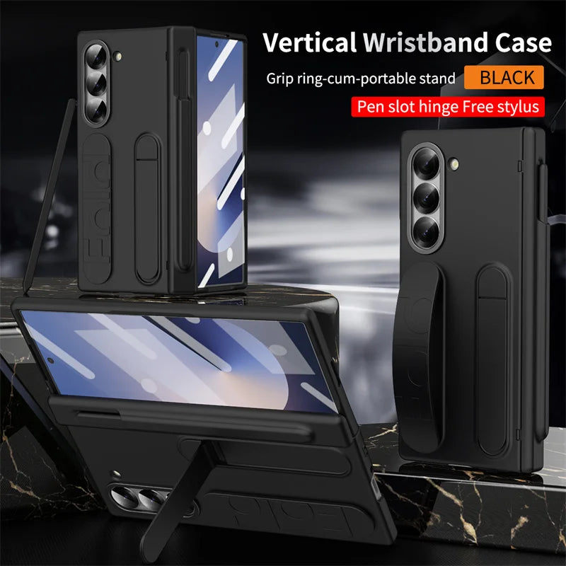 Wristband Holder Hinge Phone Case For Samsung Galaxy Z Fold 7 6 5 4 3 With Pen Slot & S Pen Screen Protector Film Protect Cover