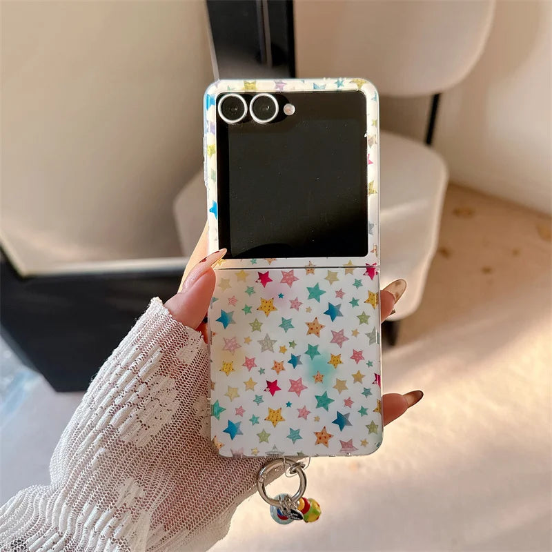 Colorful Little Star Phone Case For Samsung Galaxy Z Flip 7 6 5 4 3 ZFlip6 ZFlip7 Cover with Chain Cute Protective Cases For Gir