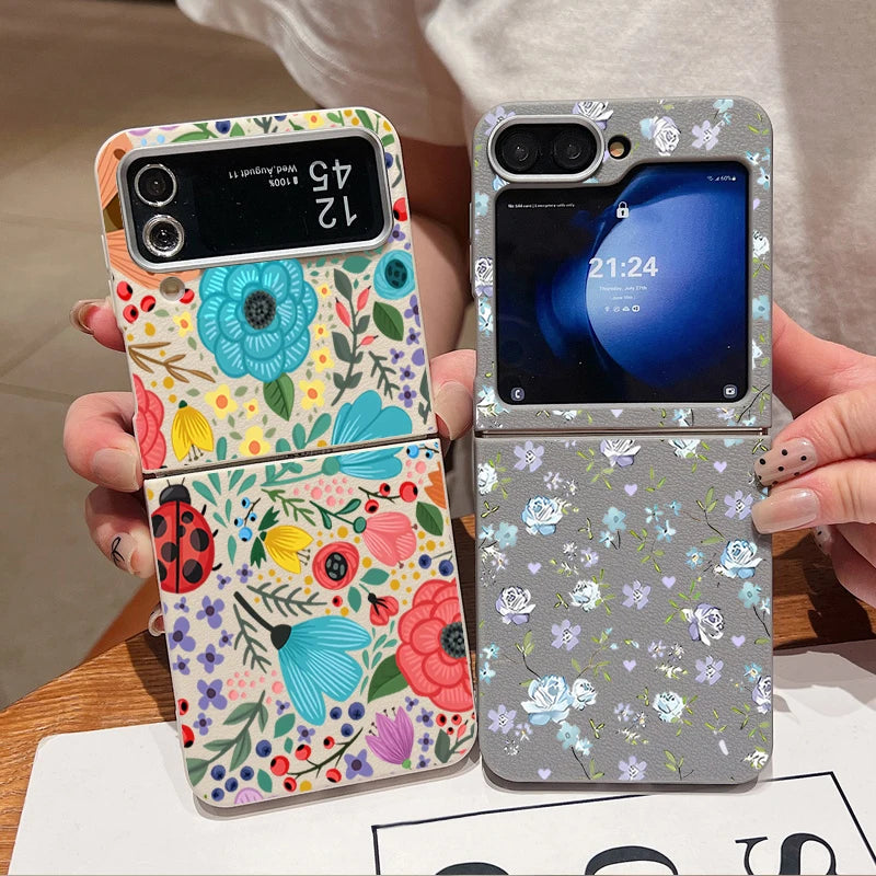 Romantic Garden Flower Case For Samsung Z Flip4 Flip5 Flip6 5G Leather Texture TPU Folding Cover For Samsung Galaxy Z Flip 3 4 5