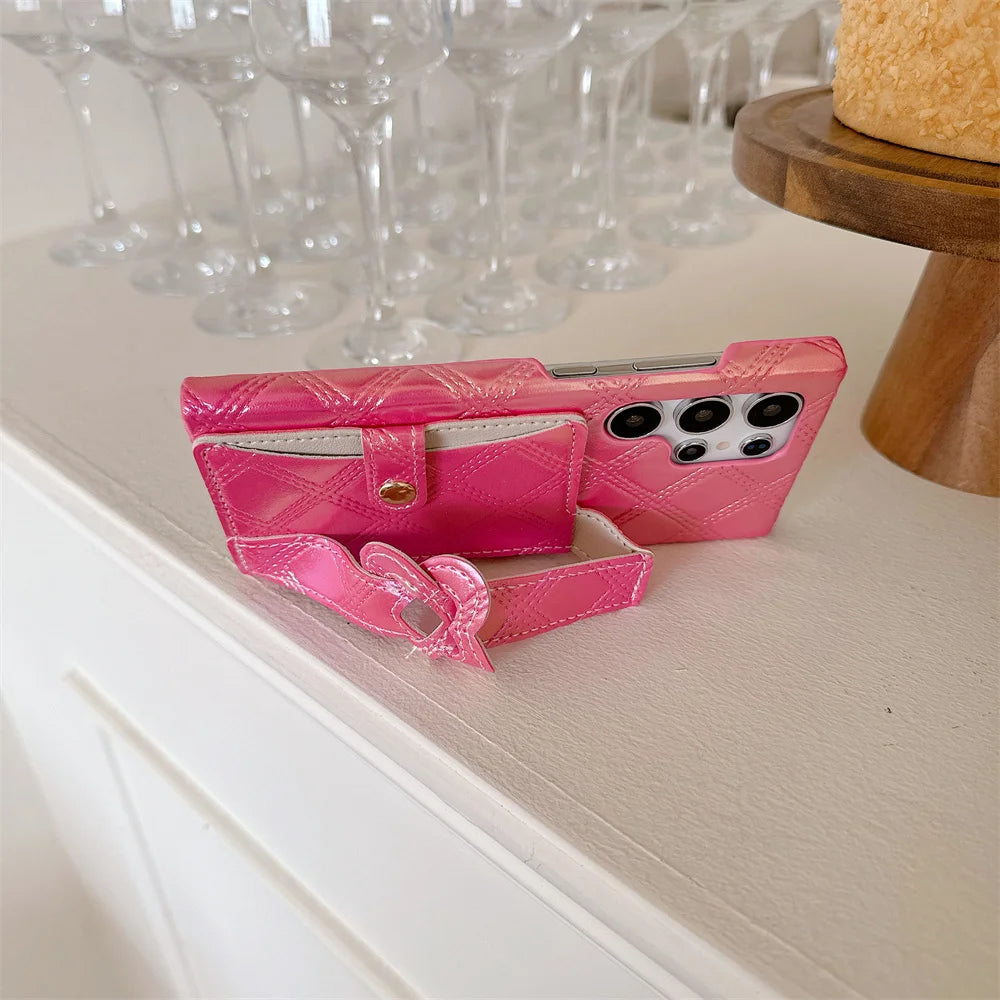 Glitter Dazzling Leather Slot Card Bag Holder Case For Samsung S24 S23 S22 S25 Ultra Luxury Lattice Love Heart Wrist Strap Cover